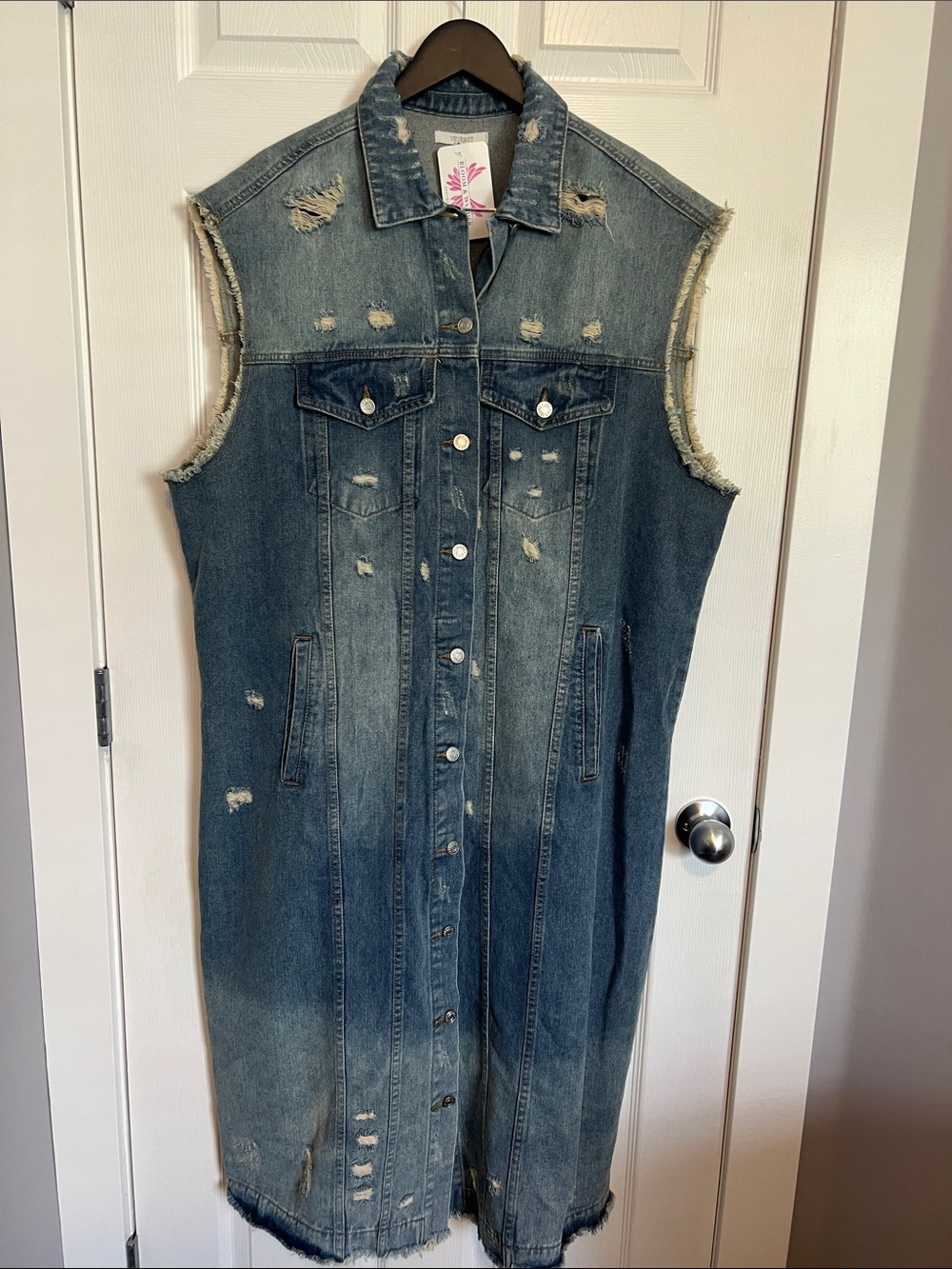 Sleeveless Distressed Denim Dress - Faded Blue